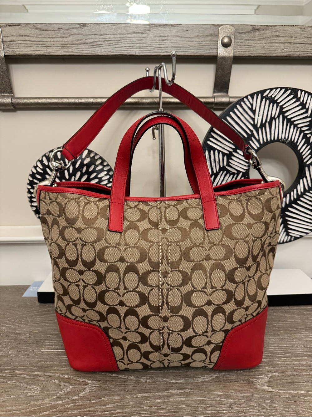 Coach Signature Canvas Shoulder Bag with Red Leather Accents. Missing hang tag